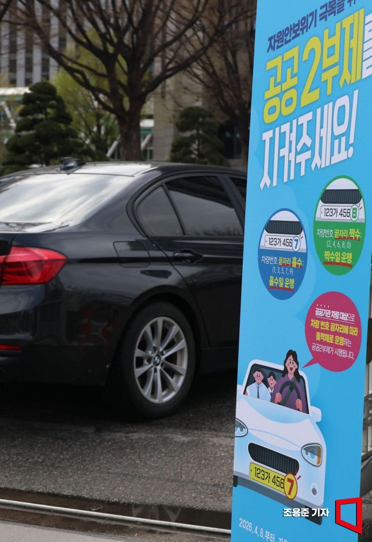 미-이란 전쟁 장기화에 따른 국제 유가 상승 등 에너지 수급 불안에 대응하기 위해 오는 8일부터 공공기관 '2부제'를 비롯해 공영주차장도 '5부제'를 시행한다. 6일 서울 종로구 정부서울청사 출입문에 2부제 관련 안내문이 붙어 있다. 2026.4.6 조용준 기자