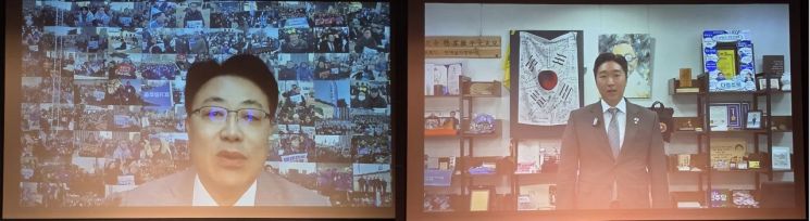 왼쪽부터 더불어민주당 안태준 의원과 김용만 의원의 축사 동영상. 최석진 기자