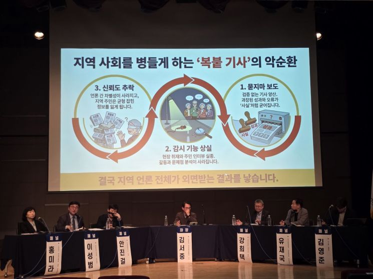 3일 오후 경기도 구리시 수택3동 행정복지센터 공연장에서 개최된 공정언론 대토론회에서 강희택 경기도의회 뉴미디어 팀장이 발표하고 있다. 최석진 기자