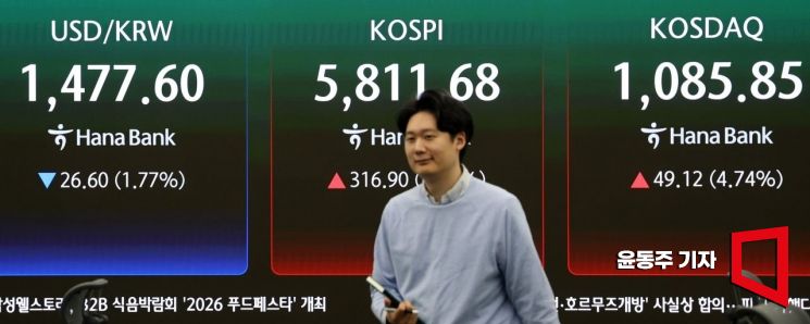 미국과 이란이 2주간 휴전에 합의한 소식이 알려진 8일 코스피 지수가 장개장과 동시에 6% 넘게 폭등하며 장을 시작했다. 서울 중구 하나은행 딜링룸 지수 현황판에 각종 지수가 표시되고 있다. 2026.04.08 윤동주 기자