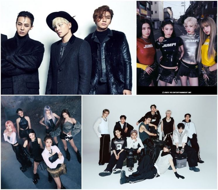(시계방향)빅뱅, 블랙핑크, 트레저, 베이비몬스터. YG엔터테인먼트