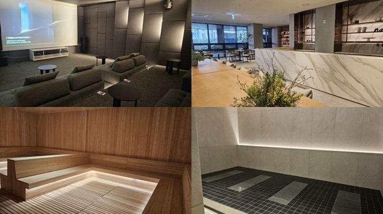 오티에르 반포 커뮤니티 시설인 미디어라운지(좌측부터 시계방향), 북라운지, 테라피존 편백찜질방, 테라피존 파동석 찜질방. 이지은 기자