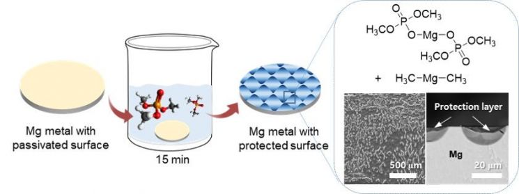 단순 침지 공정을 통한 마그네슘 음극의 보호층 형성 과정과 수분을 물리적·화학적으로 포획·제거하는 기능성 물질이 포함된 보호층의 구조 모식도. 연구팀 제공