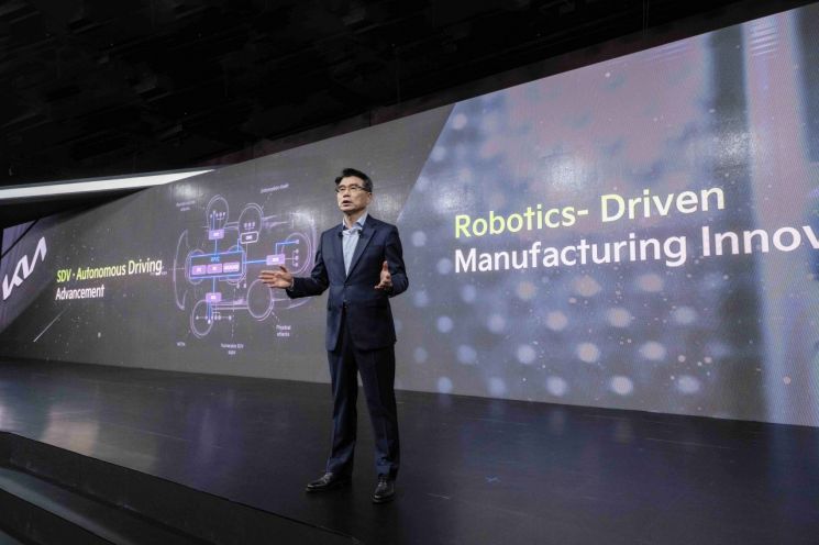 Kia President Song Hosung is explaining Kia's mid- to long-term business strategy at the '2026 CEO Investor Day.' Kia