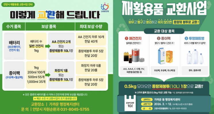 안양시와 고양시의 재활용품 교환사업 홍보 포스터. 각 지자체