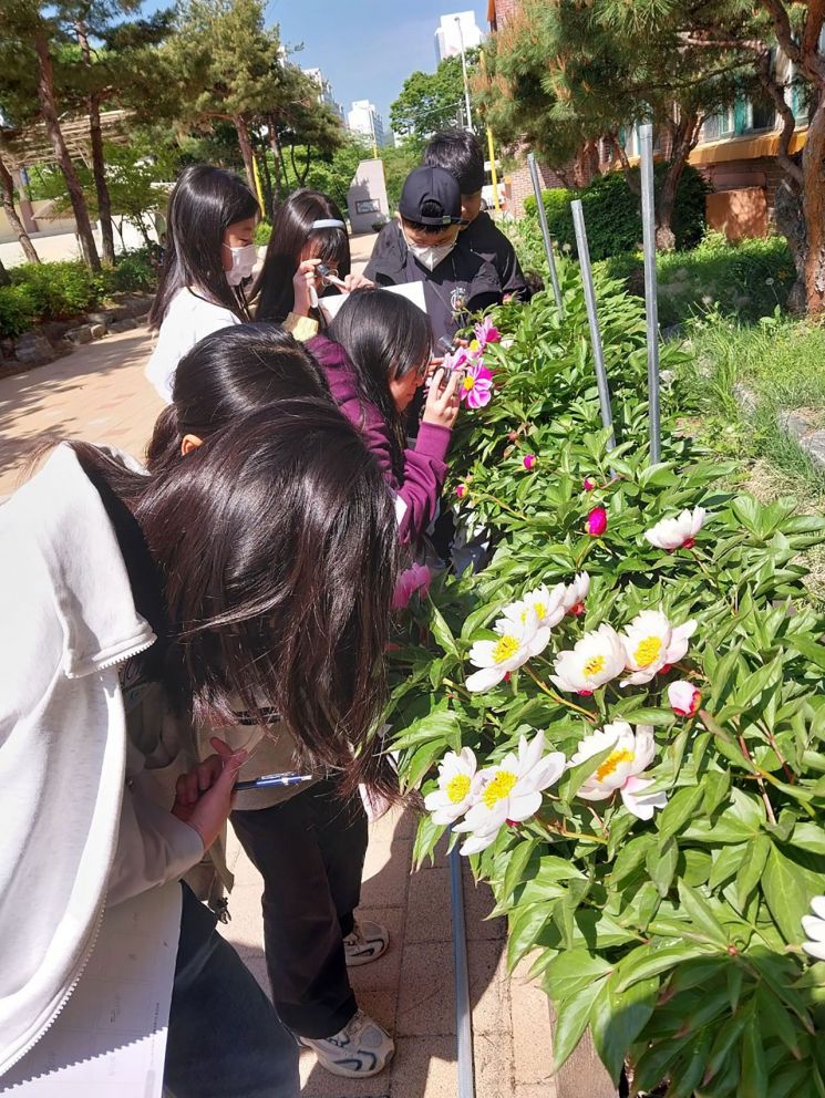 城南市小学四年级学生参观校园森林。城南市提供