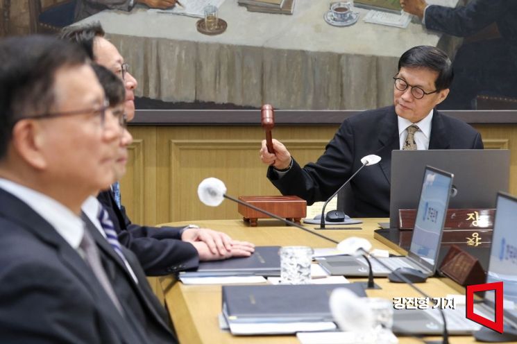 이창용 한국은행 총재가 10일 서울 중구 한은 본관에서 열린 금융통화위원회 본회의에서 의사봉을 두드리고 있다.