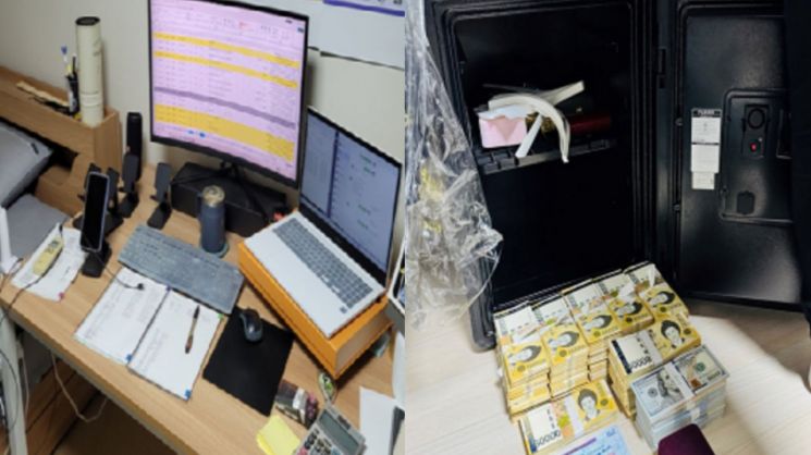 서울 마포경찰서는 대부업법 위반 및 불법 채권추심 혐의로 40대 업장 대표 A씨 등 일당 8명을 송치했다고 10일 밝혔다. 불법 사금융업에 사용한 노트북 등 전자기기 일체(왼쪽)와 금고에 보관하고 있다가 발각된 현금 1억6000만원. 서울 마포경찰서