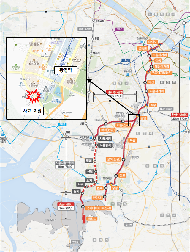 노선도 및 사고 위치. 경기도 제공