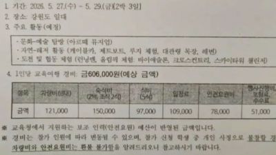 최근 온라인 커뮤니티를 통해 공개된 한 학교의 수학여행 안내문. 온라인 커뮤니티 캡처