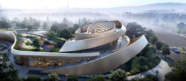 양재천 수변공원과 연계해 조성되는 단지 내 아트라운지 '스파이럴 쉘' 투시도. 세계적 건축가 다니엘 리베스킨트가 설계에 참여했다. 삼성물산