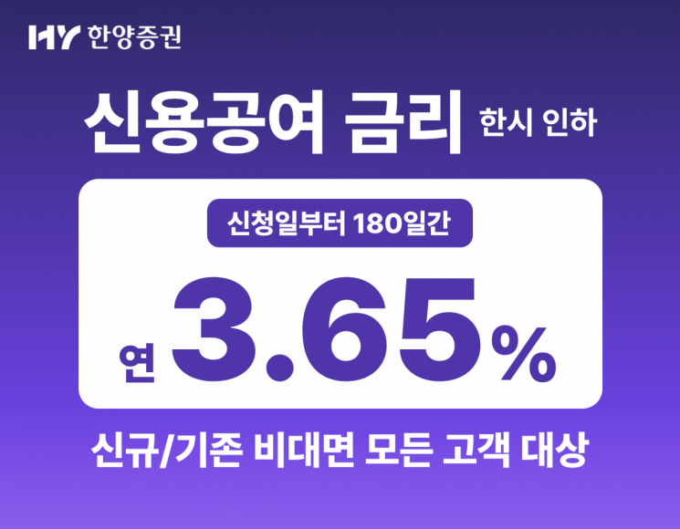 한양증권, 6월까지 비대면 신용공여 금리 인하...연 3.65%