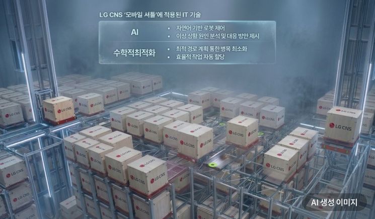 LG CNS 모바일 셔틀이 영하 26도의 냉동 창고에서 물품을 운송하는 모습. AI를 활용해 제작한 것으로, 실제와 다를 수 있음. LG CNS