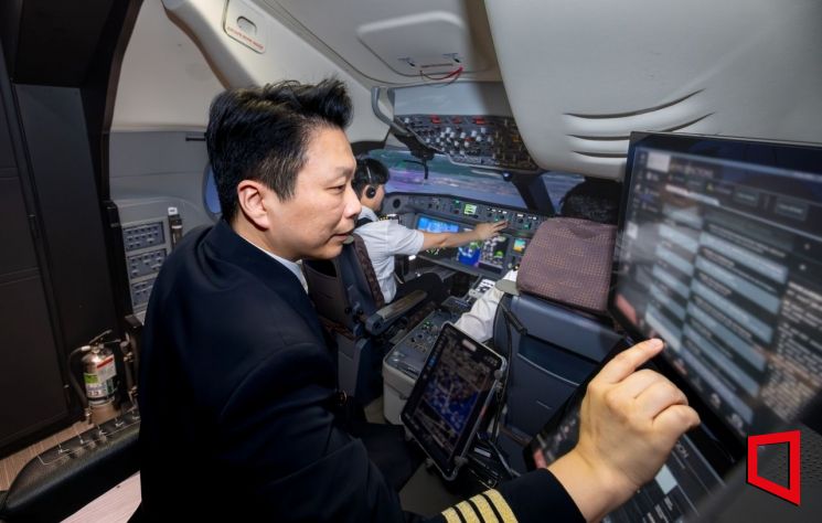 Flight crew members conducting simulated flight training on a Full Flight Simulator (FFS). Korean Air