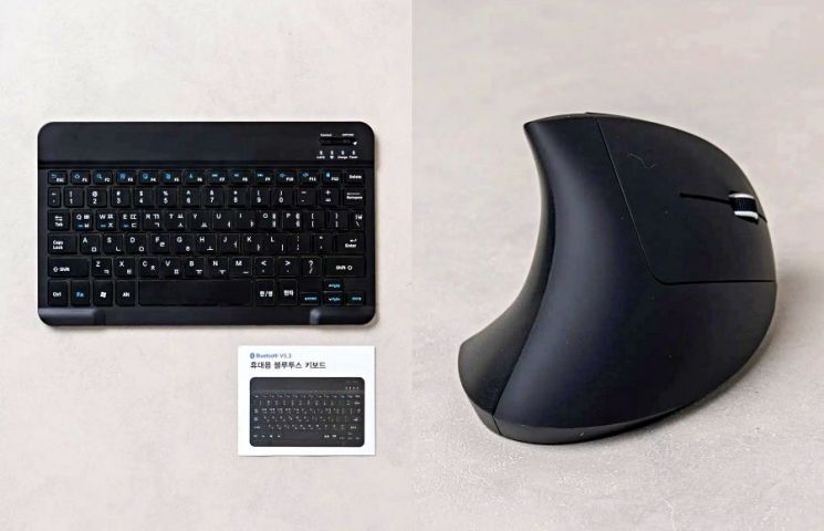다이소몰에서 판매 중인 저소음 블루투스 키보드와(왼쪽) 저소음 버티컬 마우스. 다이소몰 캡처