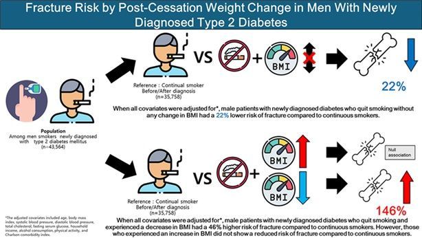 제2형 당뇨병을 새로 진단받은 남성 흡연자를 대상으로 금연 이후 체중 변화에 따른 골절 위험을 분석한 결과. 금연 후 체중을 유지한 경우 지속 흡연자 대비 골절 위험이 약 22% 감소한 반면, 체중이 감소한 경우에는 오히려 골절 위험이 최대 146% 증가하는 것으로 나타났다. 그림 및 설명 : 연구팀 제공