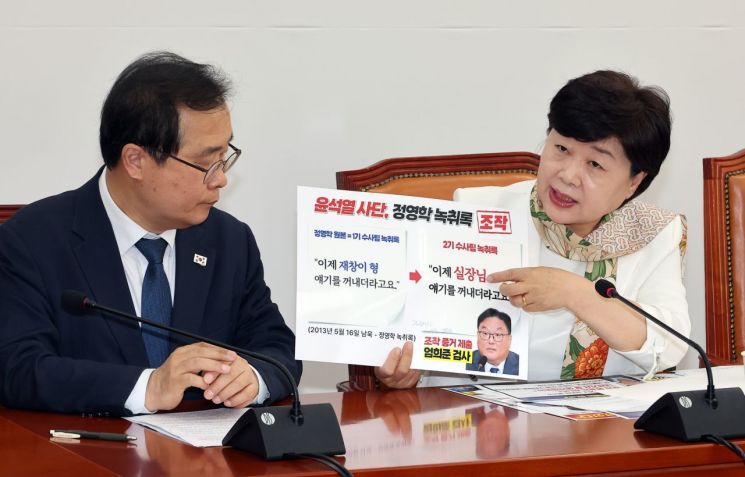 19일 국회에서 열린 '윤석열 정권 정치검찰 조작기소 의혹 사건 진상규명 국정조사특별위원회' 소속 더불어민주당 기자간담회에서 서영교 위원장이 대장동 사건 청문회 내용을 설명하고 있다. 연합뉴스