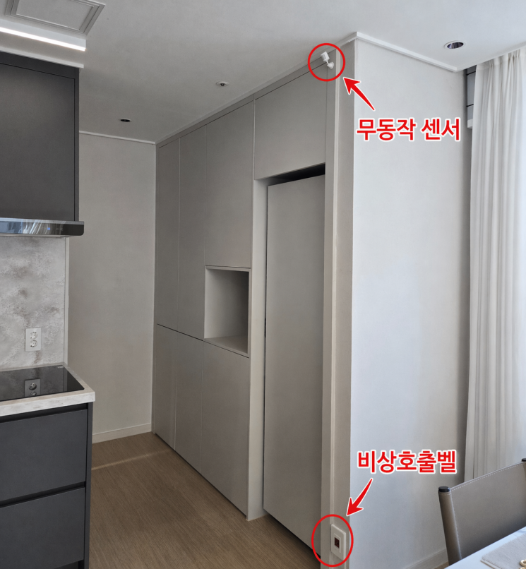Inside a unit of Wirye Symphonia in Songpa-gu, Seoul. A no-motion sensor that detects abnormal signs when there is no movement for a certain period is installed at the upper right wall, and an emergency call bell is installed at the lower part for urgent situations. Photo by Choi Seoyoon