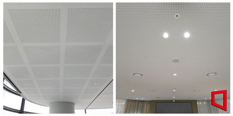 KCC 유공 흡음 석고보드 이미지(좌 사운드윈, 우 사운드윈 제로). KCC