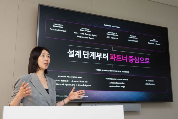 방희란 AWS코리아 파트너 부문 총괄이 22일 오전 서울 강남구 AWS 코리아 사옥에서 진행된 기자간담회에서 발언하고 있다. AWS