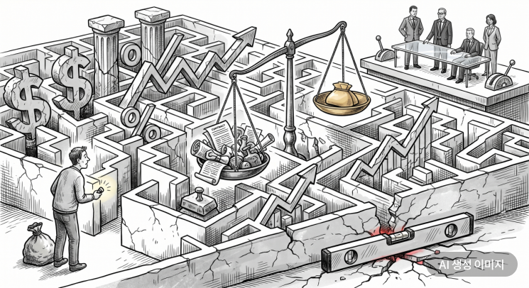 길은 많아 보이지만 판은 이미 기울어져 있다. 미로 속 개인이 작은 불빛에 의지해 헤매는 동안, 구조를 읽는 소수는 더 높은 곳에서 저울의 방향을 쥐고 있다.