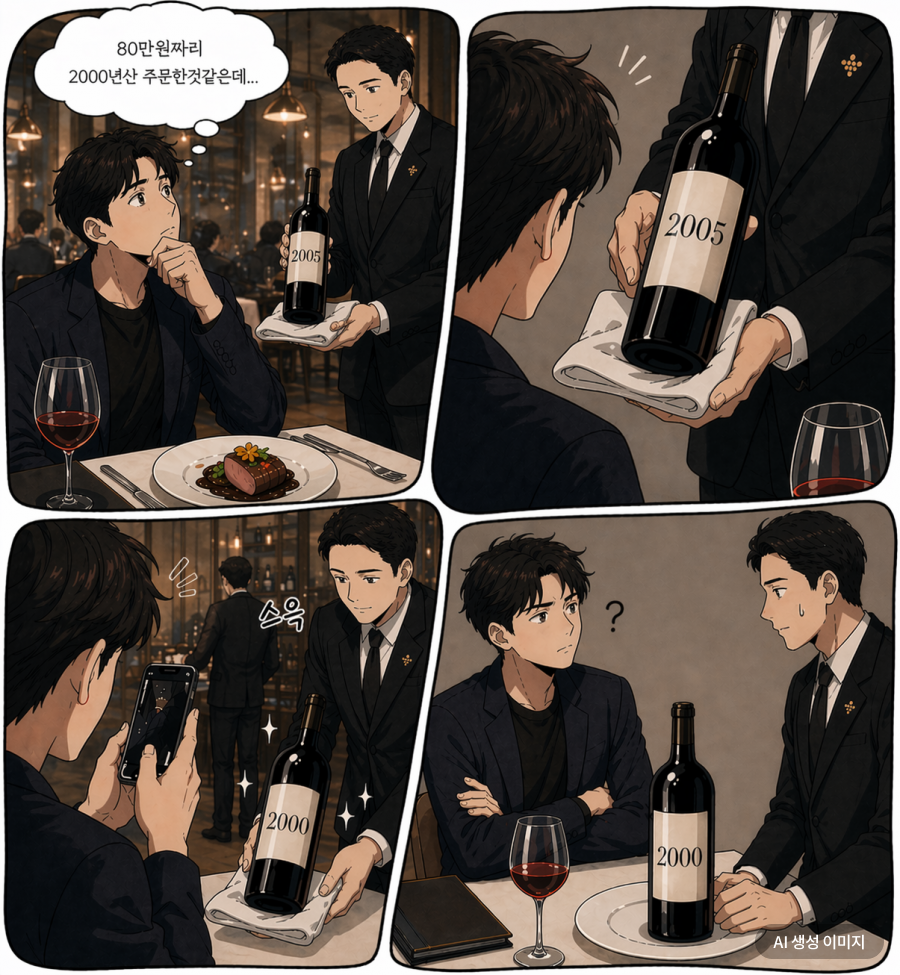 안성재 셰프가 운영중인 모수 '와인 바꿔치기' 논란을 AI 4컷만화로 재구성했다.