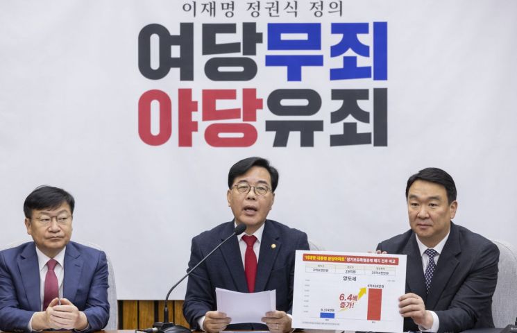 국민의힘 송언석 원내대표가 21일 국회에서 열린 원내대책회의에서 정부와 여당 일각에서 나오고 있는 주택 장기보유특별공제 폐지 움직임에 관한 비판 발언을 하다 그림판을 이용해 이재명 대통령이 보유하고 있는 경기도 성남 분당 아파트에 대한 세금 비교를 하고 있다. 연합뉴스