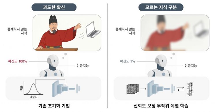 인공지능 모델이 예열 학습으로 신뢰도 보정을 한 경우와 그렇지 않은 경우(AI 생성 이미지). KAIST