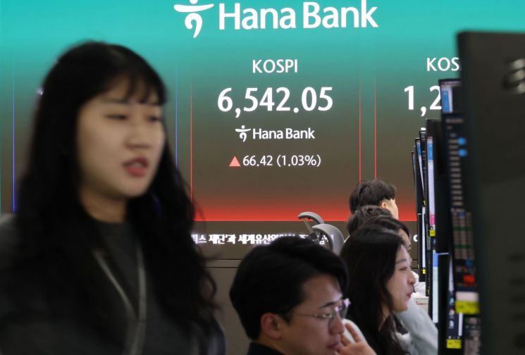 27일 서울 중구 하나은행 본점 딜링룸에서 직원들이 증시와 환율을 모니터하고 있다. 이날 코스피는 장중 사상 최고치인 6600을 경신했다. 연합뉴스