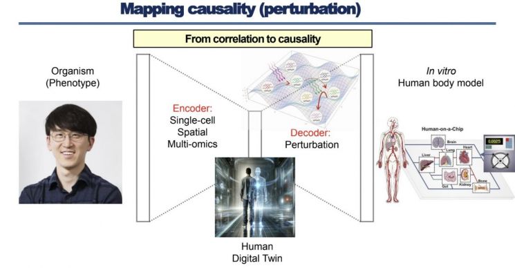 단일세포와 공간오믹스 데이터를 인공지능으로 분석해 ‘가상 인간(디지털 트윈)’을 만들고, 여기에 자극을 가해 질병 반응을 예측하는 과정을 보여주는 개념도. IBS 제공
