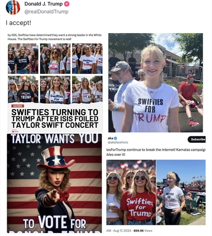 도널드 트럼프 미국 대통령이 테일러 스위프트의 지지를 "수락한다"며 SNS에 올린 AI 생성 이미지. 트루스소셜