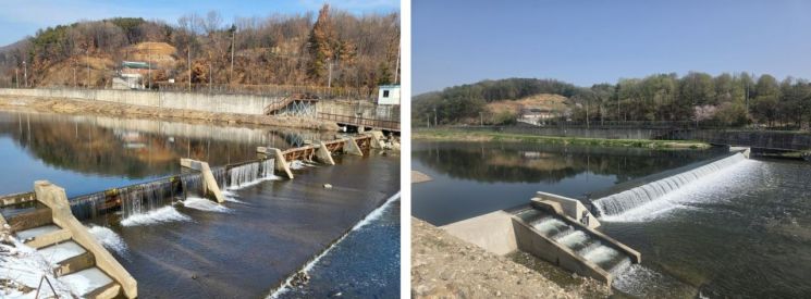 용인특례시가 처인구 모현읍 일원에 '하마산보 재설치공사'를 마무리했다. 사진은 재설치 전(왼쪽) 모습과 설치 후 모습. 용인시 제공