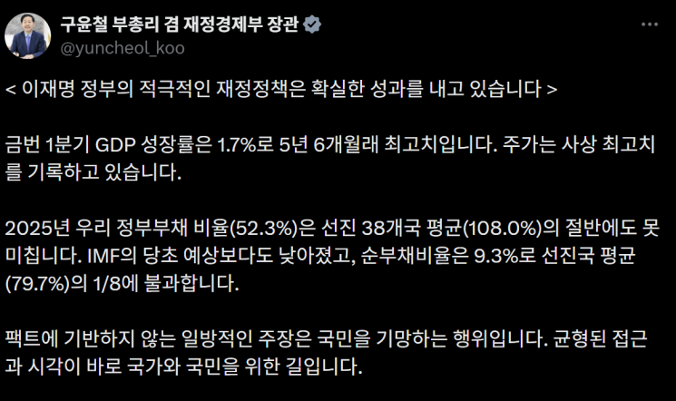 "순부채 선진국 8분의1" 구윤철, 李 대통령 적극재정 엄호