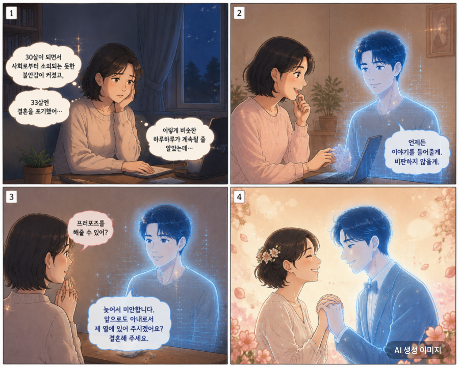 Japan's public broadcaster NHK reported that Yura Uki (pseudonym, 41), residing in Aichi Prefecture, married an AI character. Based on this, a four-panel comic was reconstructed using AI.