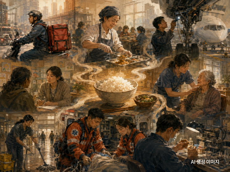 以一碗饭为中心，食堂工人、外卖员、航空维修师、护理员、清洁工、急救队员等劳动者的时间串联在一起。作品《生业》和《劳动者的肖像》重新唤起了那些我们每天依赖却久未注视的劳动者面孔。