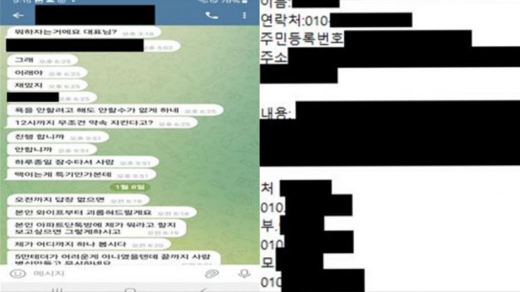 텔레그램 박제방(신상을 공개해 망신을 주는 채널) 운영자가 금품을 갈취할 목적으로 불법 사금융업체 대표와 그 가족의 신상 정보를 게시한 모습. 서울경찰청