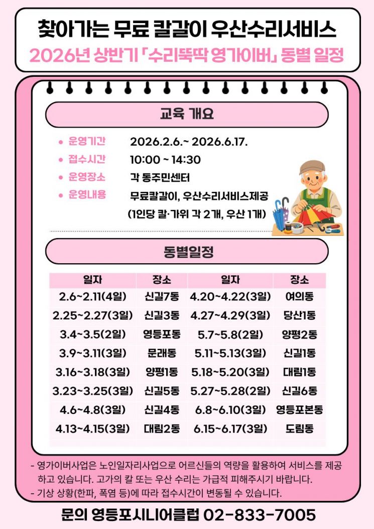 수리뚝딱 영가이버 동별 순회 일정. 영등포구 제공.