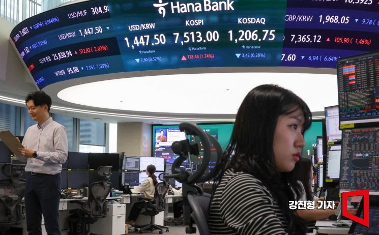 코스피 지수가 장 초반 7500선을 돌파하며 최고치를 경신한 7일 서울 중구 하나은행 본점 딜링룸 전광판에 국내증시 현황이 표시돼 있다. 강진형 기자