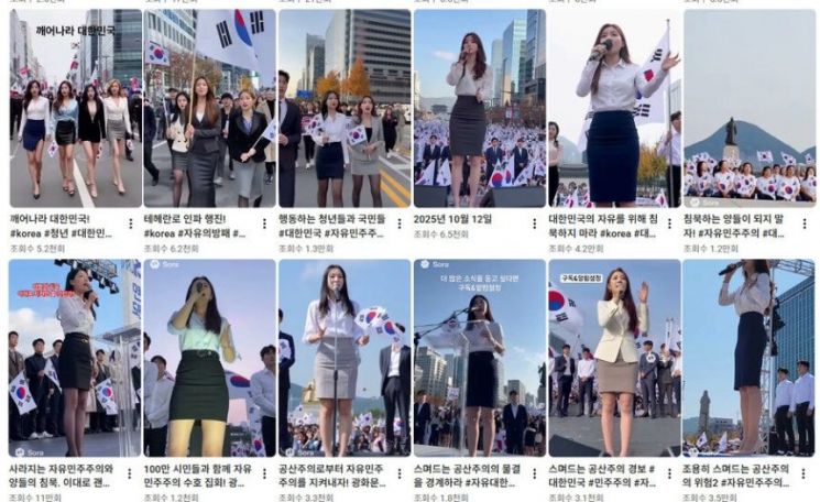 윤어게인 실제 집회 현장에 짧은 치마를 입고 태극기를 들고 있는 여성의 이미지를 합성한 보수 유튜브 채널. 유튜브 캡처