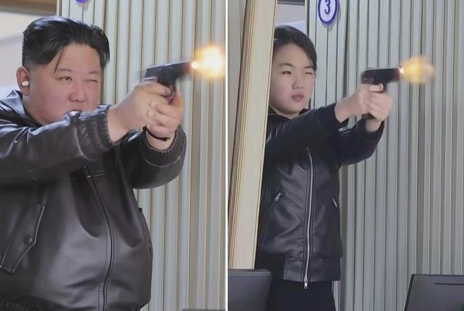 사격하는 김정은과 김주애. 조선중앙TV 캡처