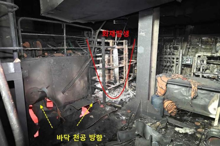 지난 4일 호르무즈 해협에서 일어난 한국 선박 화재 사건은 미상 비행체의 타격에서 비롯됐다고 정부가 밝혔다. 외교부는 10일 이 같은 내용의 정부 합동 조사 결과를 발표하며 현장 조사단이 기록한 사진을 공개했다. 사진은 나무호 화재 현장의 모습. 외교부. 연합뉴스