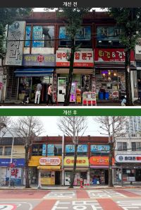 光州光山区比亚中央路一带招牌改造工程前（上）后对比景象。光山区拆除老旧招牌，新安装了体现地区特色的设计招牌。光山区供图