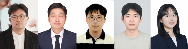 연구진, (좌측부터) 홍성유 UNIST  교수,  서상원 DGIST  교수, 정병혁 DGIST 교수,  전지환 UNIST  박사,  김다혜 UNIST 연구원. UNIST 제공