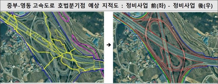 중부-영동고속도로 호법분기점 예상 지적도. 정비사업 전 모습(왼쪽)과 정비사업 후 모습. 이천시 제공