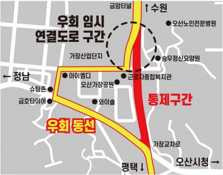 임시 연결도로 우회 동선. 오산시 제공