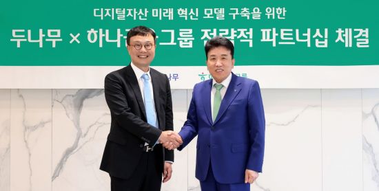 함영주 하나금융그룹 회장(오른쪽)과 김형년 두나무 부회장이 손을 맞잡고 있다.
