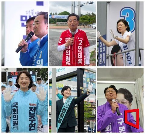 광주 광산을 국회의원 보궐선거 후보들이 21일 공식 선거운동 첫날 유세를 펼치고 있다. 사진 왼쪽 위부터 임문영 더불어민주당 후보, 안태욱 국민의힘 후보, 배수진 조국혁신당 후보, 전주연 진보당 후보, 신지혜 기본소득당 후보, 구본기 무소속 후보. 각 캠프 제공