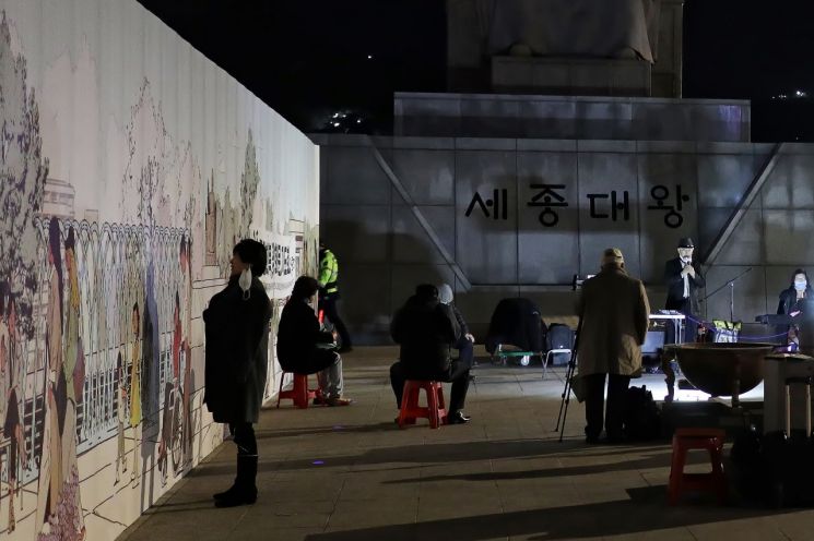 2021년 3월, 세종대왕상 앞에서 '구국기도회'를 하고 있고, 한 참석자는 마스크를 내리고 그림을 구경하고 있다.