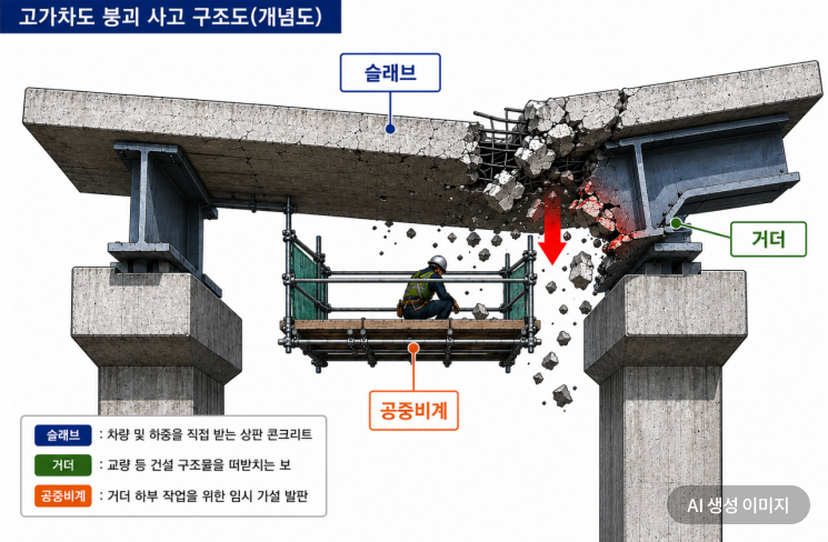 서울 서대문구 서소문 고가차도 붕괴 과정에 대한 소방 당국의 설명을 바탕으로 재구성한 구조도. 챗GPT 생성 이미지