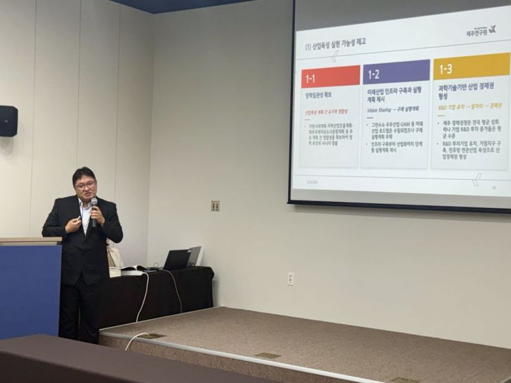 Youngjun Kang, Director of Research Planning and Strategy at Jeju Research Institute, is making a presentation. Provided by NST